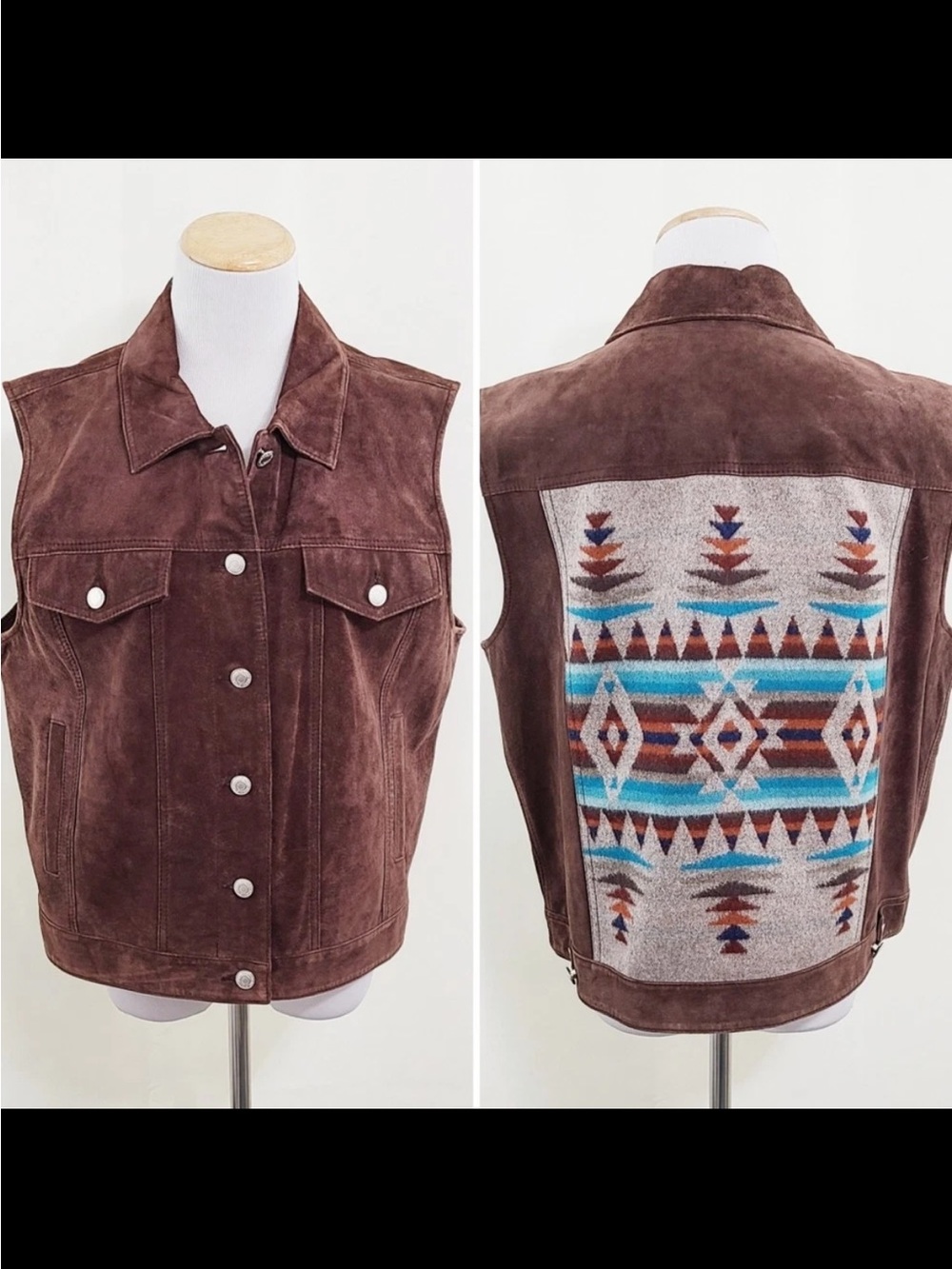 Pendleton brown suede vest Oxford Mix aztec wool back boho tribal women's large